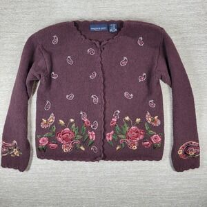 Vintage Eagles Eye Cardigan Sweater Womens M Maroon Embroidered Floral Paisley